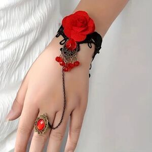 Vintage Red Rose Lace Fingerless Glove Bracelet with Black Lace & Red Beads